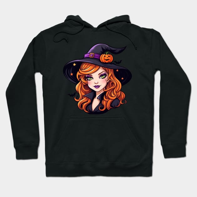 a witch with long red hair wearing a hat Hoodie by CreativeXpro